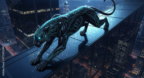 A sleek, alien predator uses its claws to scale a mirror-like skyscraper under the cover of night.