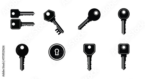 A collection of various black key and lock silhouettes isolated on white