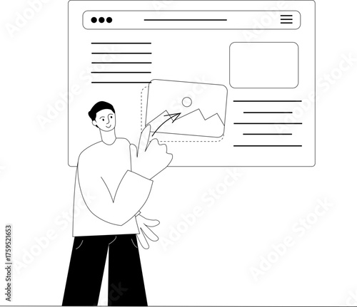 A boy managing website content with his hand, a website behind