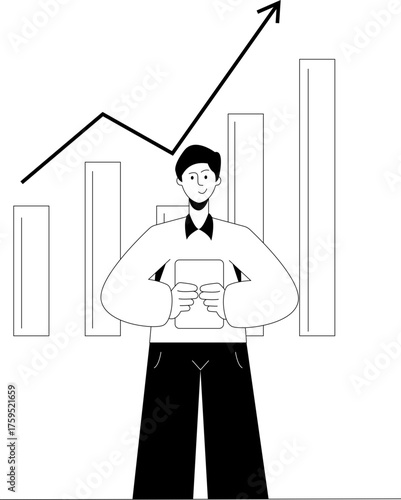 A boy with report in hand, business analysis, a graph popup behind