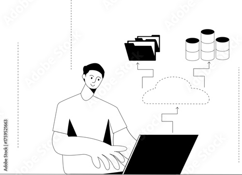 A boy with a desktop managing cloud data process system