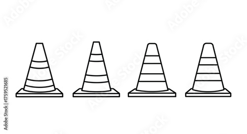 Four simple black and white line drawing of traffic cones in a row