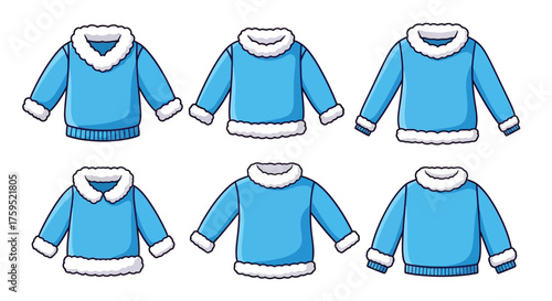 Cartoon illustration of six blue winter sweaters with fluffy white trim