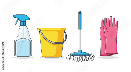 Essential cleaning supplies including spray bucket mop and protective gloves