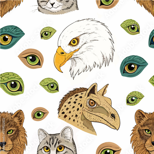 
A seamless pattern of different animal eyes in clean flat vector style with bold outlines and high contrast on a light background, ideal for stock illustration.