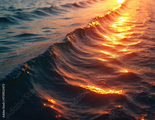 Golden sunlight reflecting on ocean water waves at sunset. Sparkling water surface during dusk. Sea waves illuminated by the sun. Beautiful water texture at sundown time.