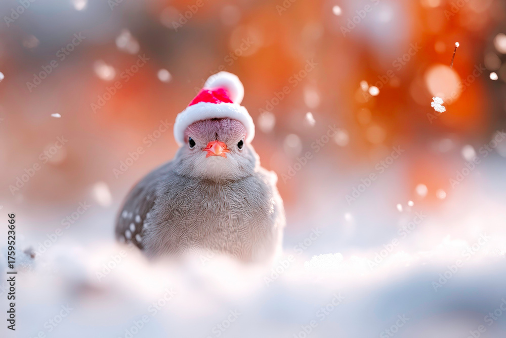 Fototapeta premium Kagu wearing Santa hat on snowy ground unique flightless bird holiday concept