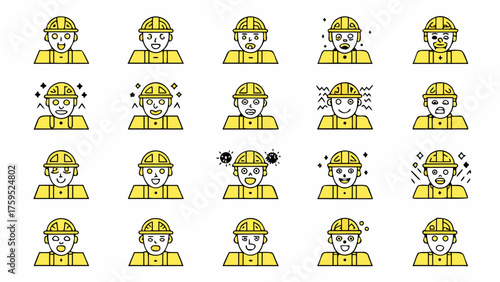 Expressive construction worker faces with varied emotions, safety and teamwork, perfect for industrial training or safety campaigns, originally a scalable graphic