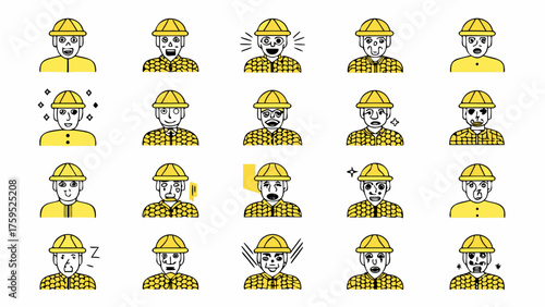Construction worker emoticons show various emotions, ideal for expressing feelings in safety training materials and team communications, original vector graphic
