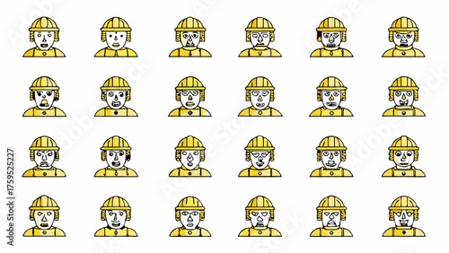 Diverse construction worker avatars showing range of emotions, originally scalable vector graphics, perfect for website or app user interfaces or safety training