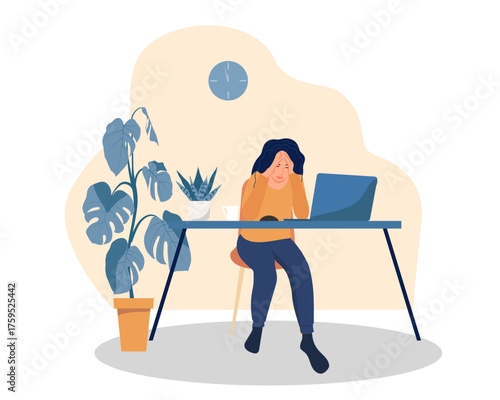 A woman works at home at a computer. There are plants next to the table. Suitable for use in materials related to remote work, freelancing, home office

