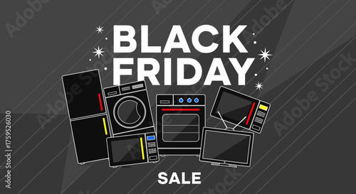 Black Friday Sale graphic household appliances and electronics promotion banner on gray background
