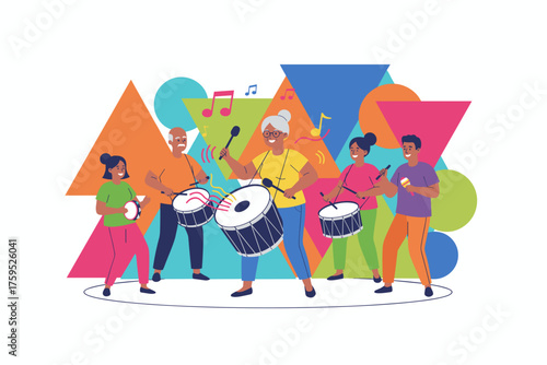 Happy diverse group playing drums and percussion Energetic music celebration