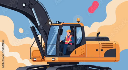 Construction worker operating heavy excavator Industrial building development and safety concept
