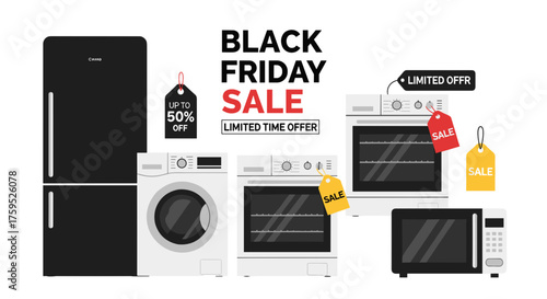 Black Friday sale banner refrigerator oven washer and microwave with discount tags Limited time offer on appliances