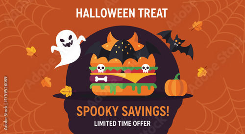 Halloween spooky burger with ghost bat pumpkin and autumn leaves Festive promotion for seasonal treats and savings