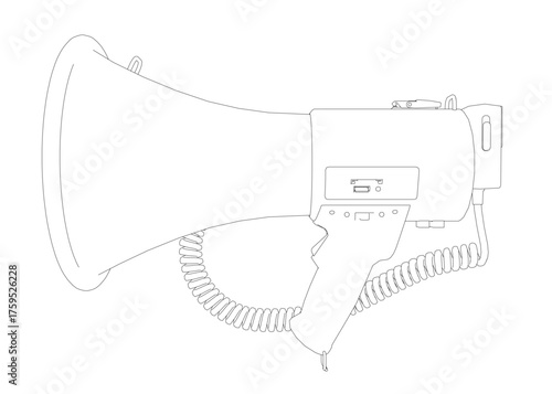 A black and white contour drawing of a megaphone with a long cord, isolated on a plain white background.