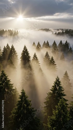 Forest landscape at sunrise with fog and sunlight through the trees