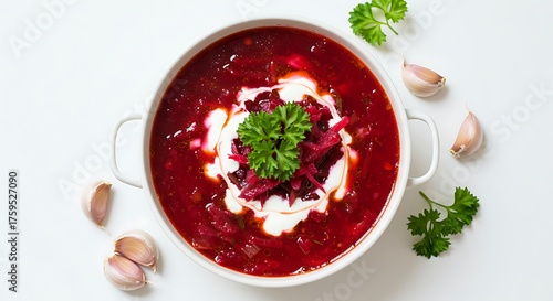 Vibrant red beet soup with cream and herbs in a white bowl