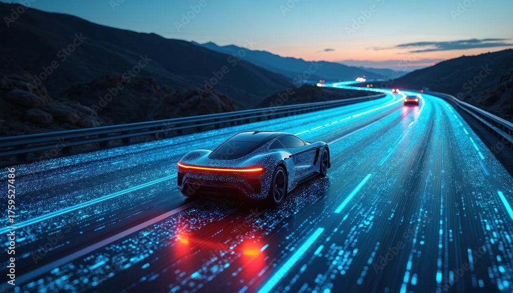 Obraz premium Futuristic self-driving car on glowing digital highway at dusk. Modern autonomous vehicle drives on data road through dark mountains. AI tech powers future smart transport communication network