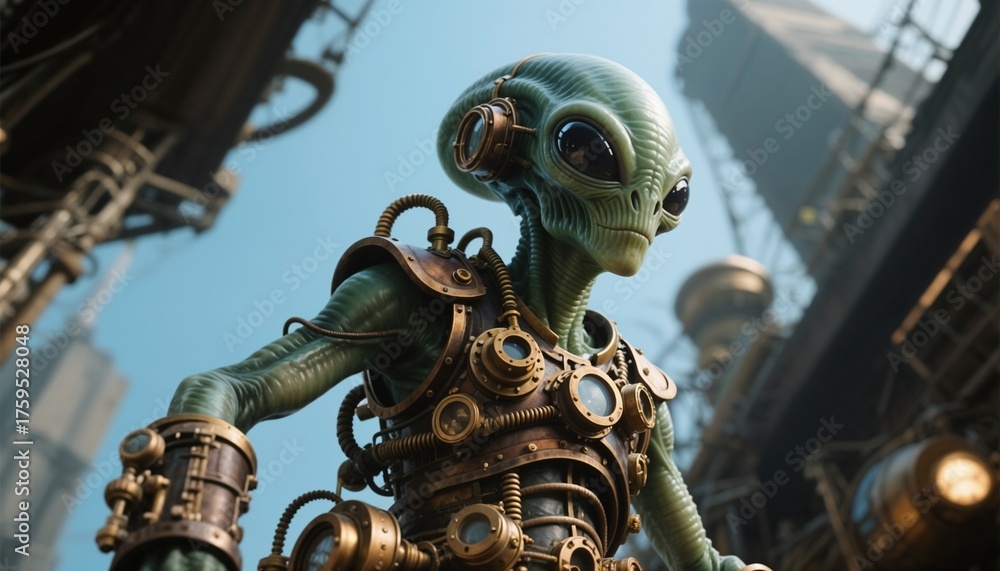 Fototapeta premium Futuristic alien creature with steampunk design interacting in advanced technology environment 