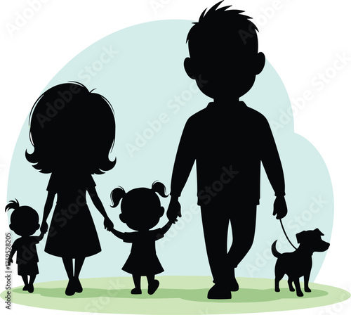 Happy Family Walking Silhouette with Dog. Parents Holding Hands with Two Little Daughters. Mother, Father, Children, and Pet Vector Illustration.