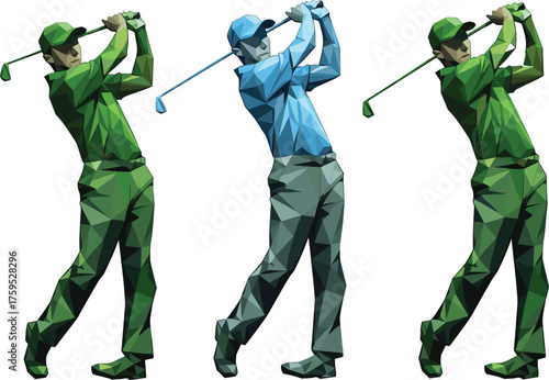 Set of Polygonal Golf Player Swinging Club. Geometric Low Poly Abstract Illustration of Golfer in Action. Sport and Championship Vector Design.