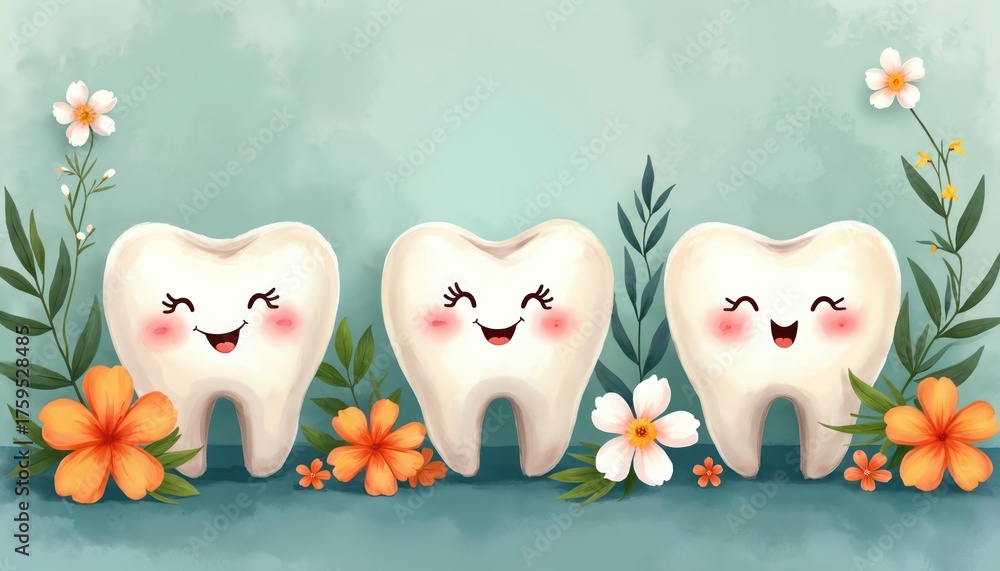Obraz premium Three happy cartoon teeth smile among vibrant orange, white flowers, green leaves. Illustration promotes oral health, dental care, hygiene for young children. Clean healthy white molars represent