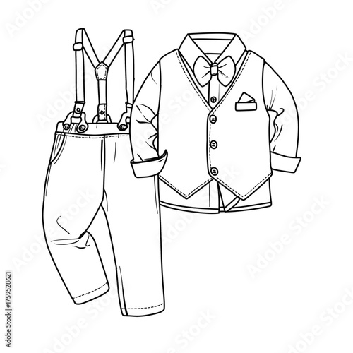 A charming outline drawing of a baby boys formal outfit, featuring trousers with suspenders and a long-sleeved shirt with a vest and bow tie