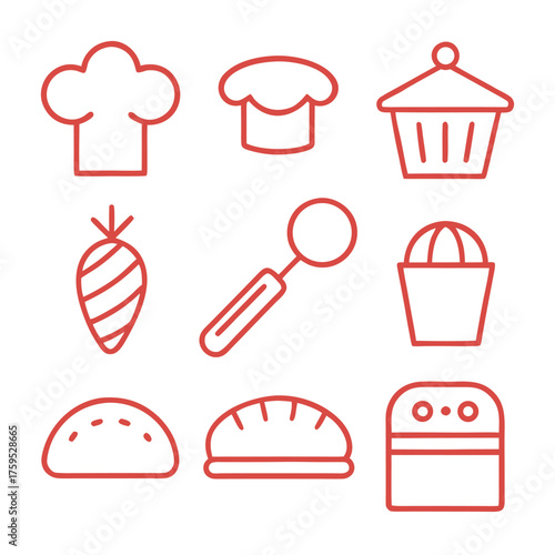 Baking icons chef hat carrot bread cupcake scoop cooking