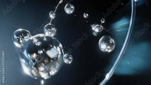 Transparent, orb-like spheres connected by delicate filaments on a dark background
