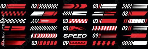 Collection of racing-themed graphic elements including checkered flags, speed lines, and abstract designs in red and white for automotive or sports branding