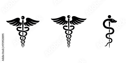 A set of three black vector icons representing medicine and healthcare, featuring the Caduceus staff with wings and the Rod of Asclepius with a single snake
