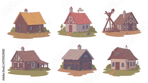 Collection of charming rustic medieval village houses with thatched roofs