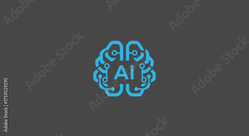 Blue brain with "AI" inscription on gray background
