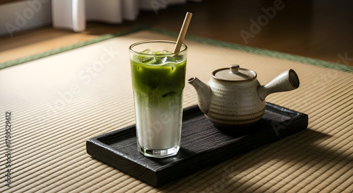 Matcha latte in a glass with a wooden straw and a teapot on a tray on a tatami mat