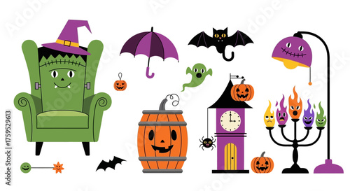 A colorful retro-style Halloween vector featuring cute spooky characters like Frankenstein chair, cat umbrella, haunted clock, pumpkin barrel, and ghostly candles in a playful mid-century design.