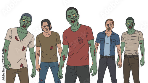 A group of five diverse zombies standing together in a line
