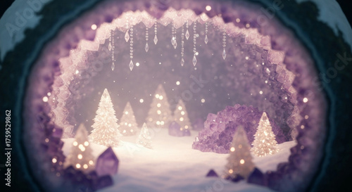 Magical Christmas scene set inside surreal crystal cave, featuring glowing white trees, sparkling amethyst formations, and hanging crystal ornaments, evoking fantasy holiday atmosphere