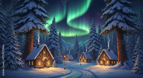Magical Christmas scene with cozy wooden cabins nestled in snowy forest under surreal display of northern lights. holiday atmosphere feels enchanting and serene