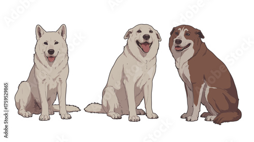 Three diverse dog breeds sitting together in a row