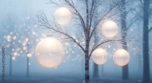 Magical Christmas scene with glowing ornaments hanging from frosted tree branches in surreal, misty forest. holiday atmosphere feels enchanting and full of fantasy