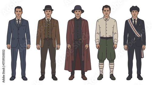 Five men in historical costumes representing different eras and professions
