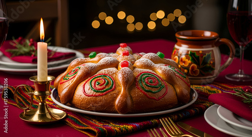 Mexican Pan de Muerto bread on table with candle and bokeh lights to celebrate the day of the dead