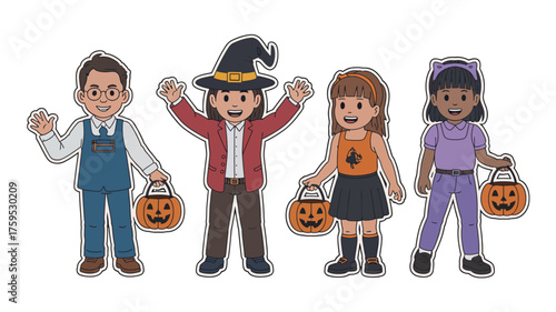 Four children in halloween costumes holding candy buckets ready for trick or treating