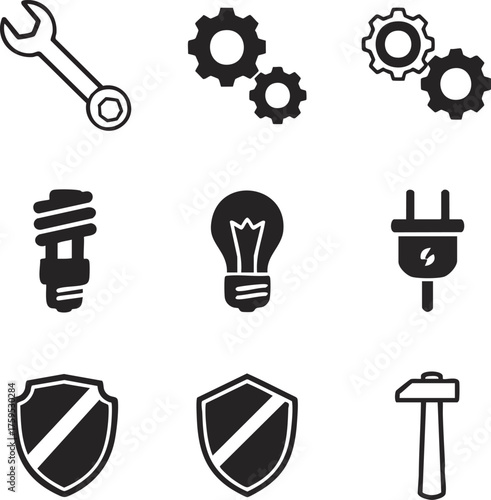 Nine black and white icons are displayed: wrench, gears, light bulbs, plug, shields and hammer, all on a white background in a simple design.