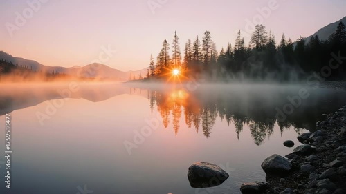 Serene lakeside sunrise with misty trees reflecting onto smooth water and dark rocks