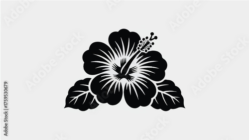 A black and white silhouette illustration of a hibiscus flower with detailed petal shading 
