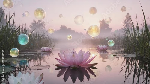 Dreamy pond scene with lotus flowers, bubbles, and a foggy dawn