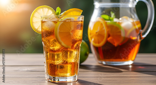 Refreshing iced tea beverage with lemon and mint on a sunny day